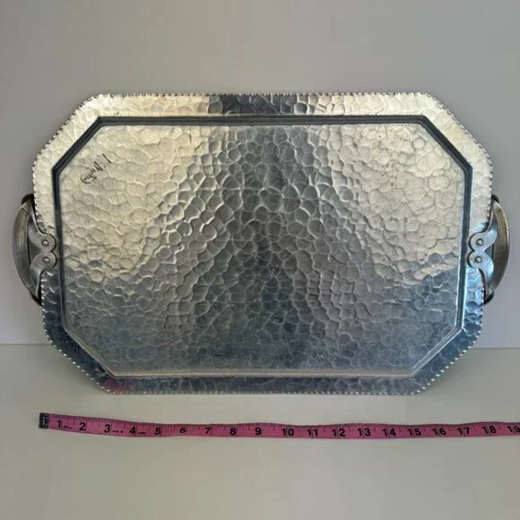 Vtg Deer‎ Geese Trade Continental Hand Wrought Hammered Aluminum Tray w Handles - Picture 4 of 11